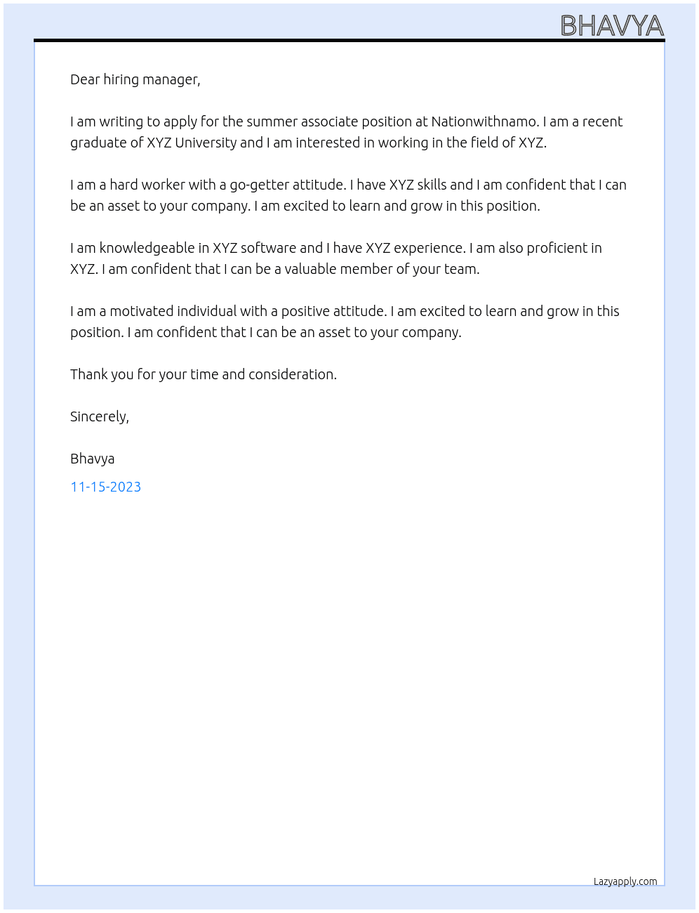 Summer associate At nationwithnamo Cover Letter
