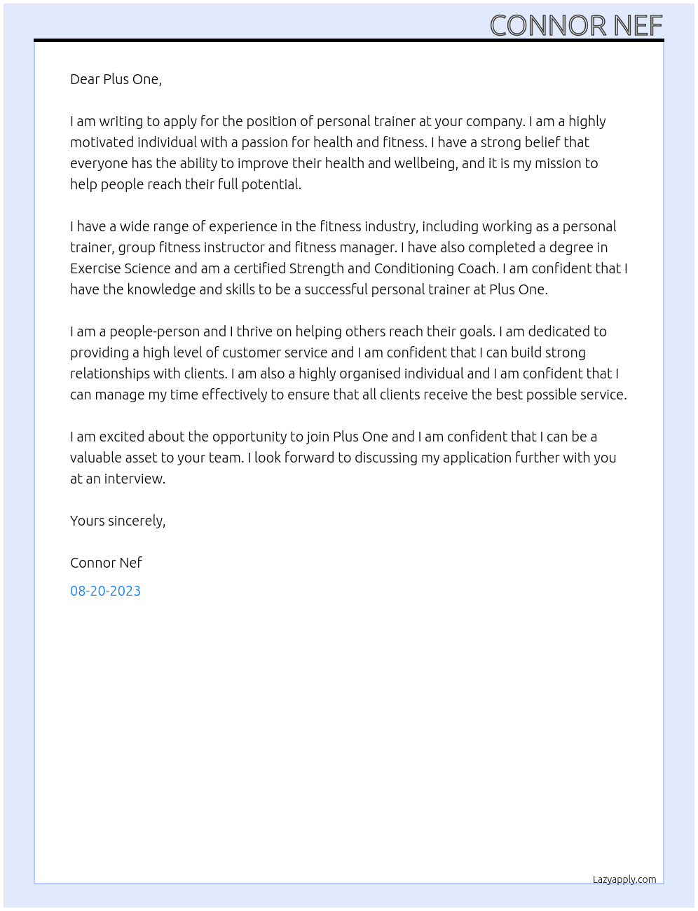 personal trainer At Plus One Cover Letter