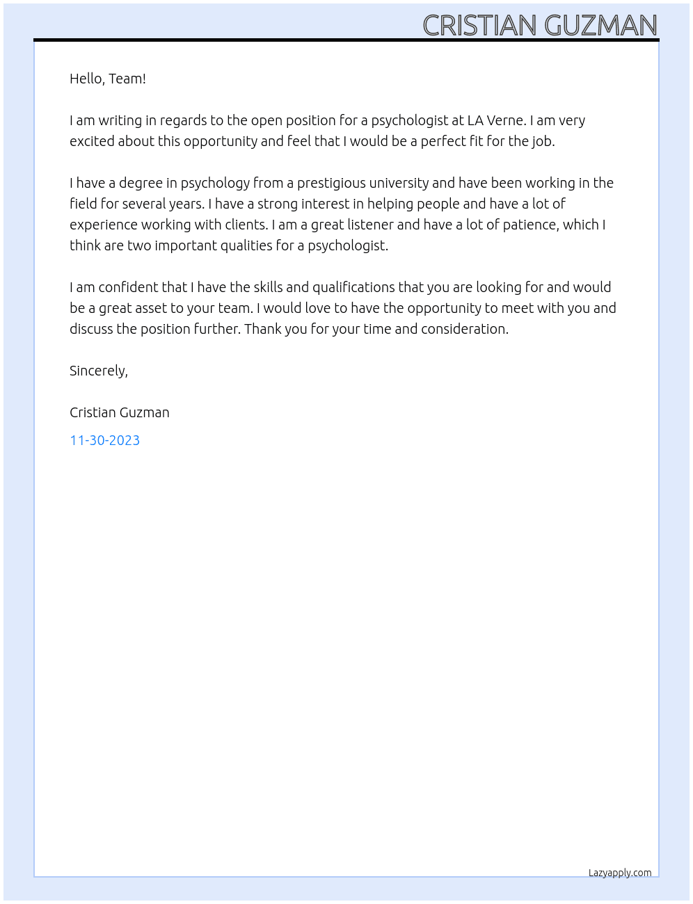 Psychology  At LA Verne Cover Letter