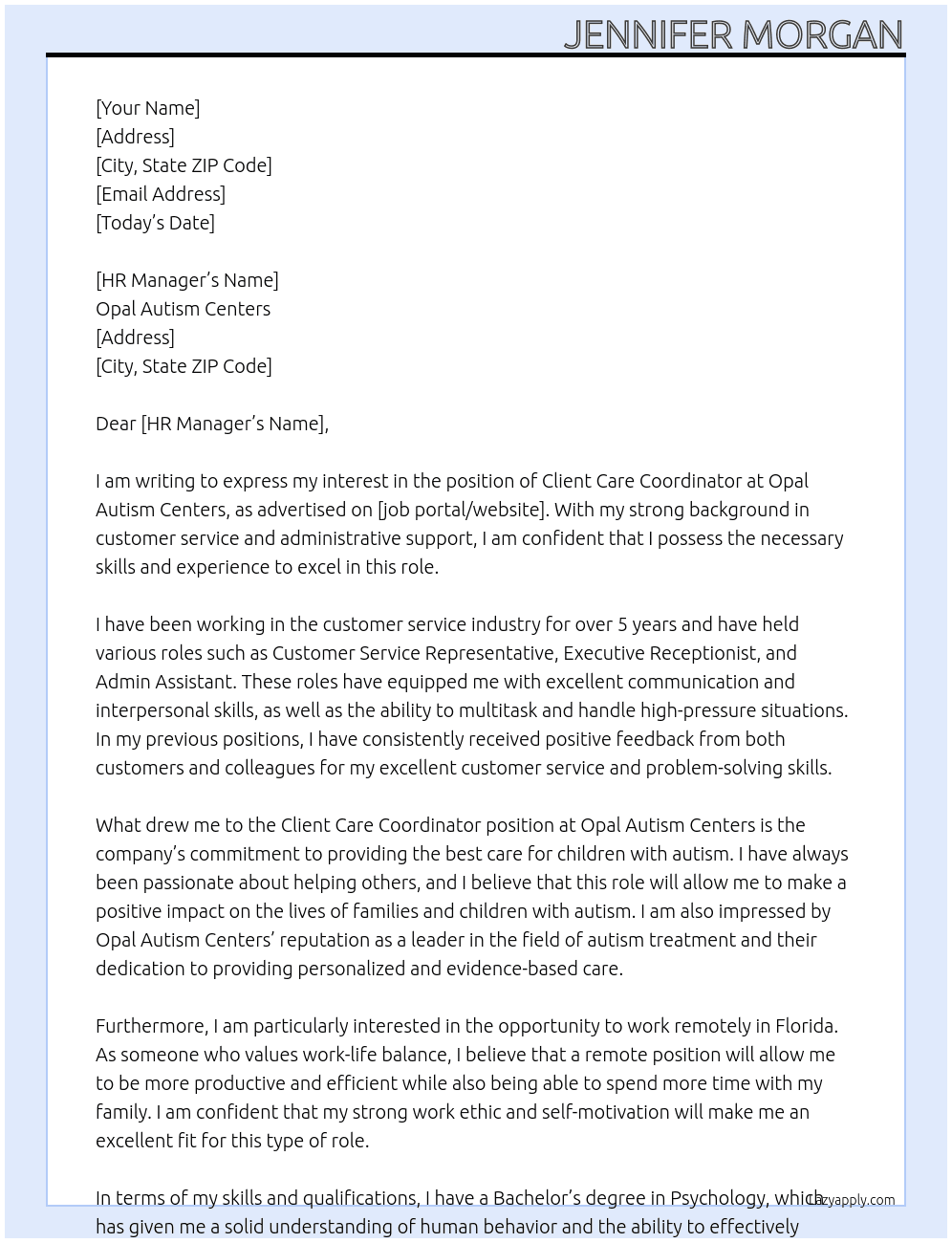 Client Care Coordinator  At Opal Autism Centers Cover Letter