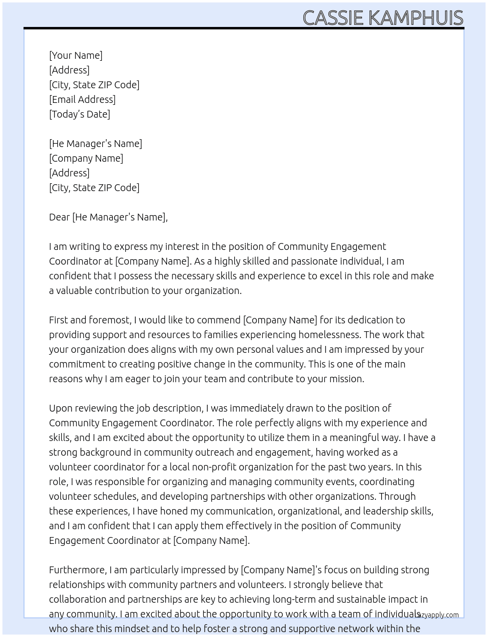 Community Engagement Coordinator At Family promises Cover Letter