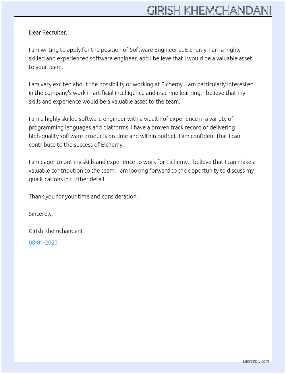Software Engineer At Elchemy Cover Letter