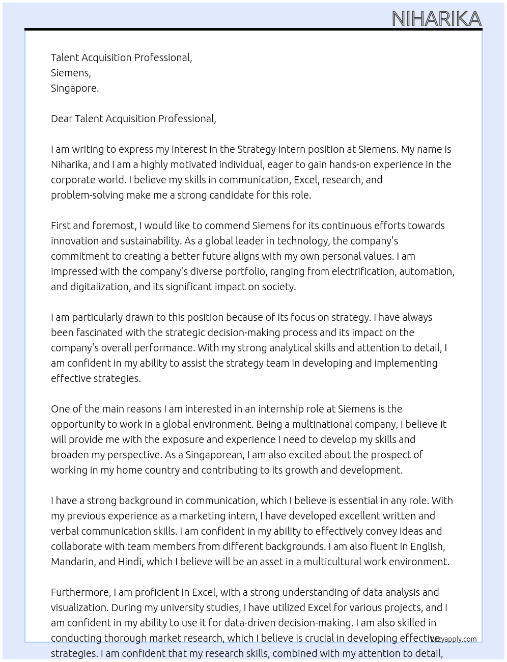 Strategy Intern At Siemens Cover Letter