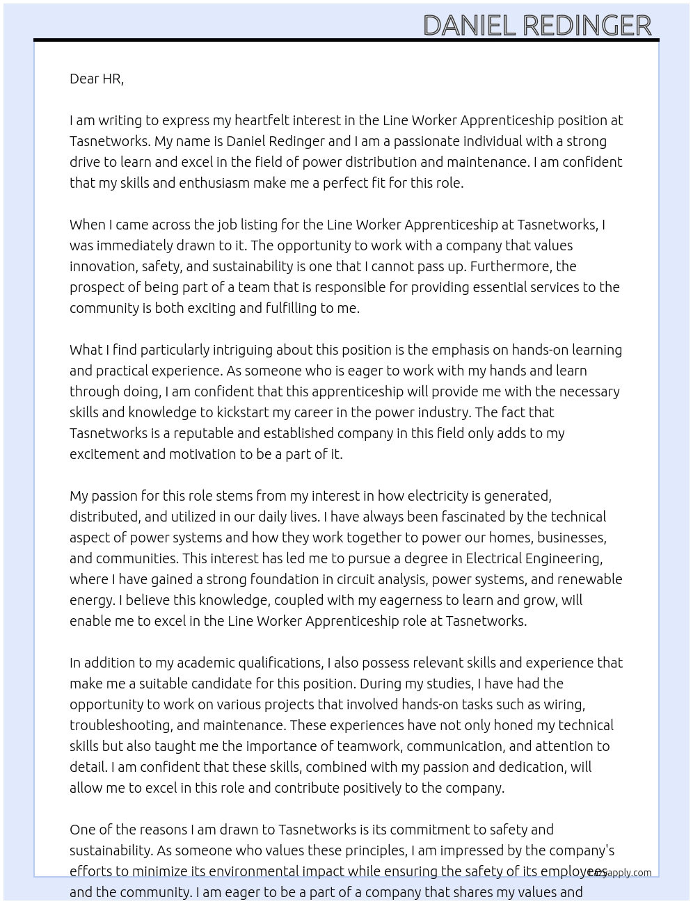 Line worker apprenticeship  At Tasnetworks Cover Letter