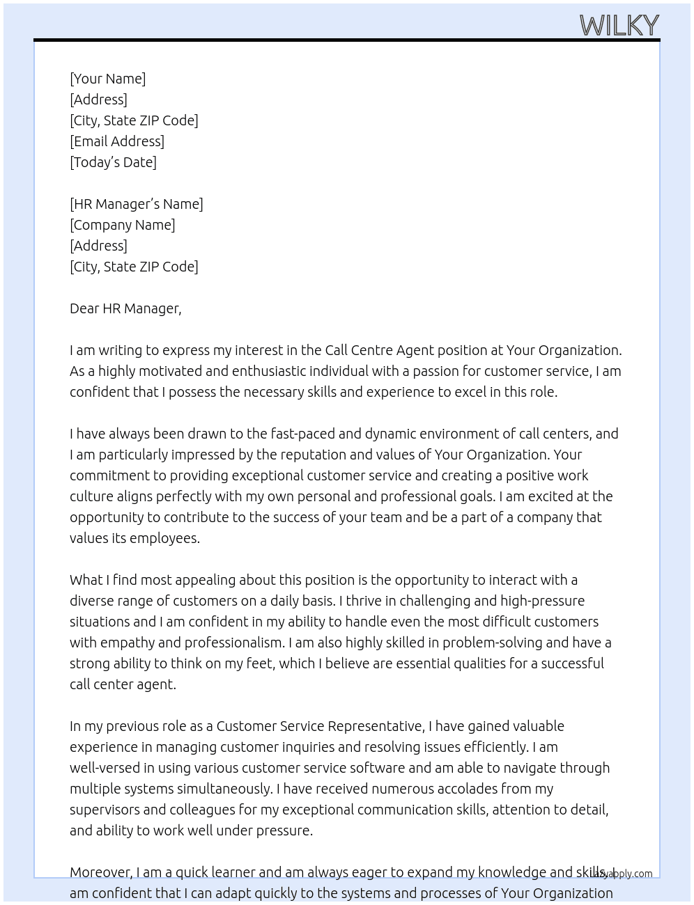 CALL CENTRE AGENT At Your Organization Cover Letter