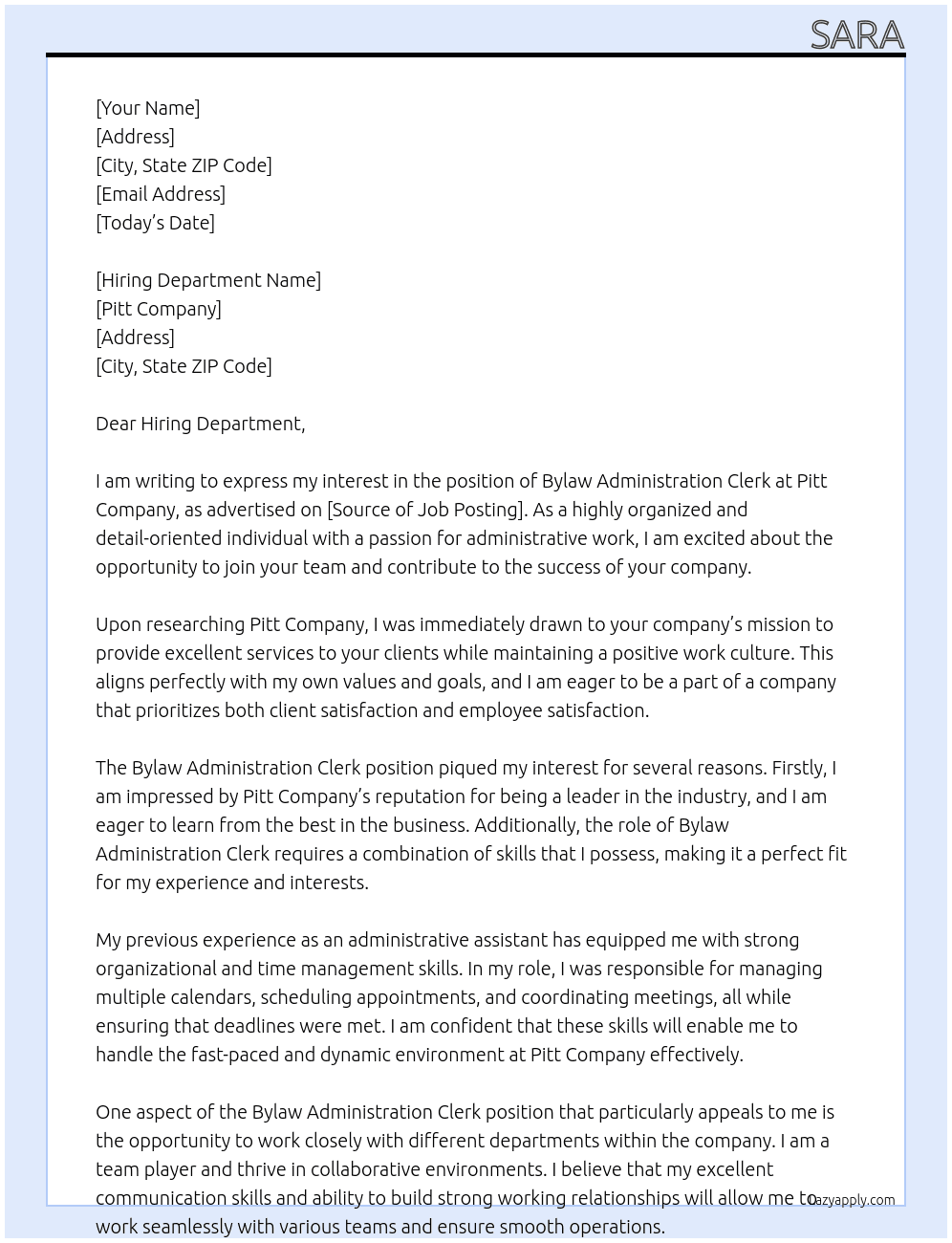Bylaw Administration Clerk At Pitt Cover Letter