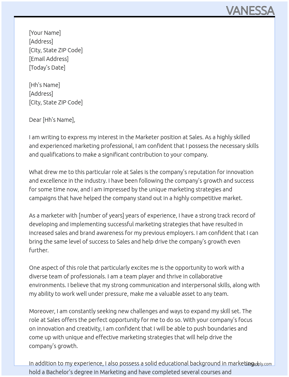 Marketer At Sales Cover Letter