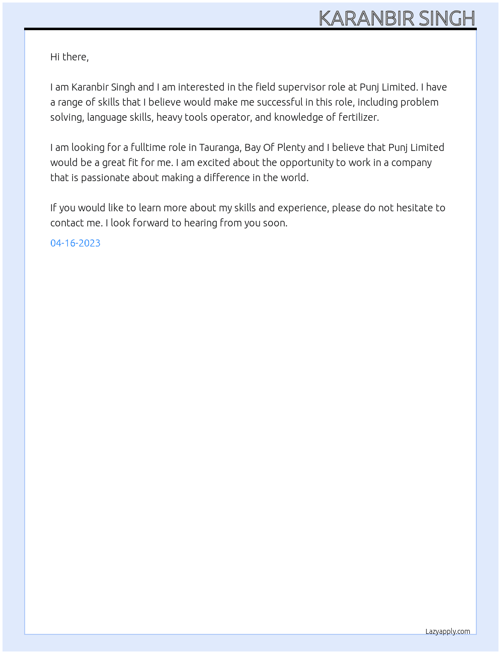 field supervisor At Punj limited Cover Letter