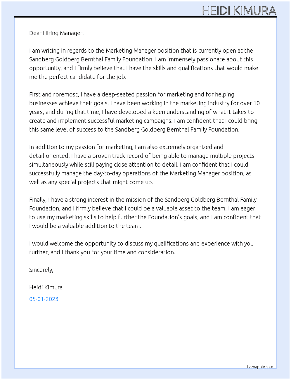 Marketing Manager At Sandberg Goldberg Bernthal Family Foundation Cover Letter