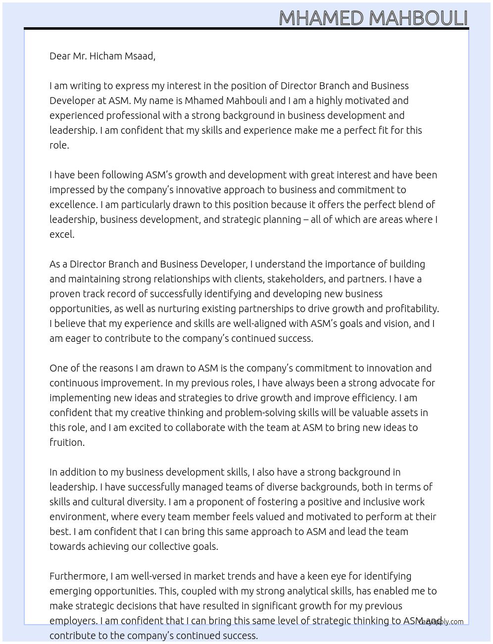 Director branch and business developper At ASM Cover Letter