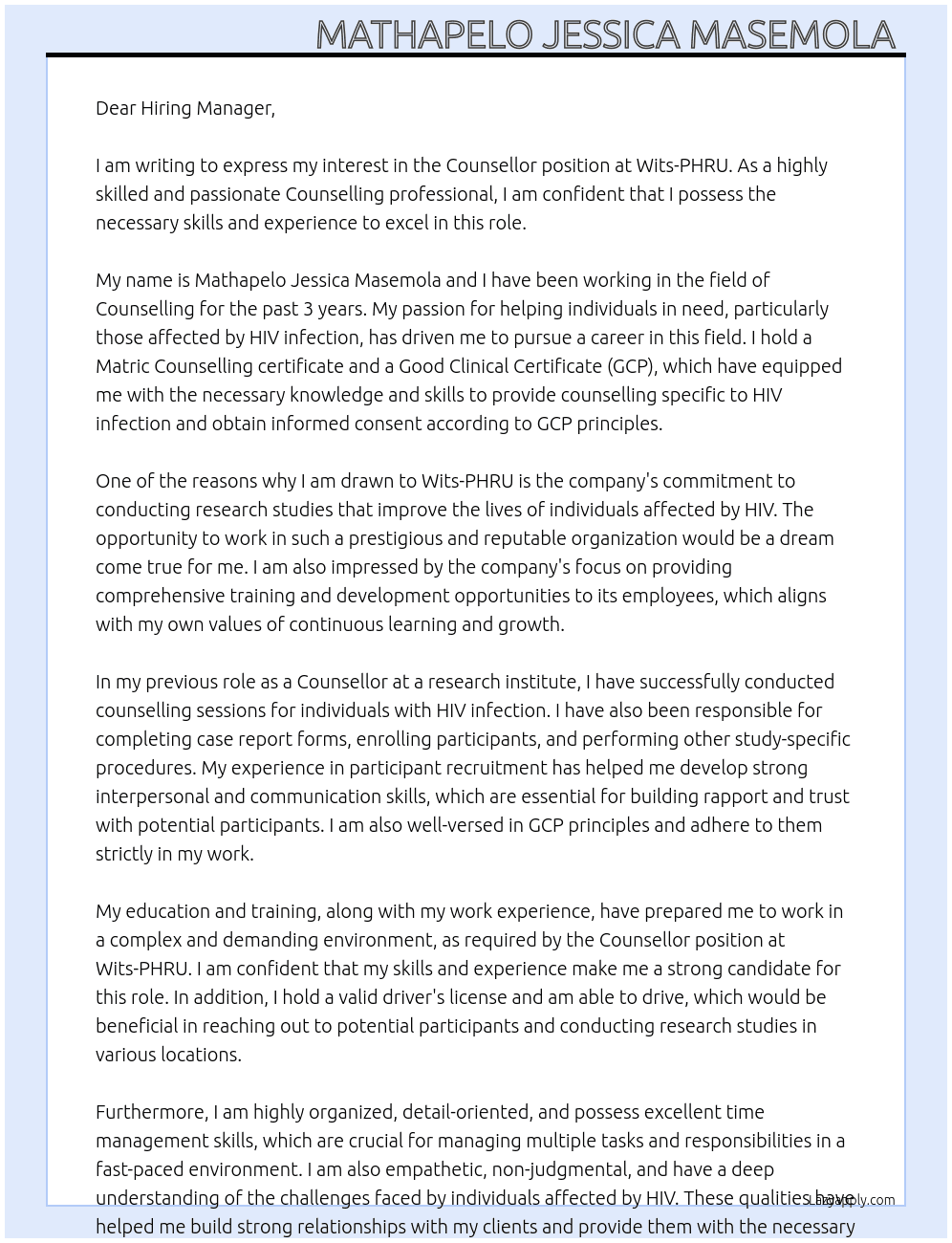 Counsellor At Wits-PHRU Cover Letter