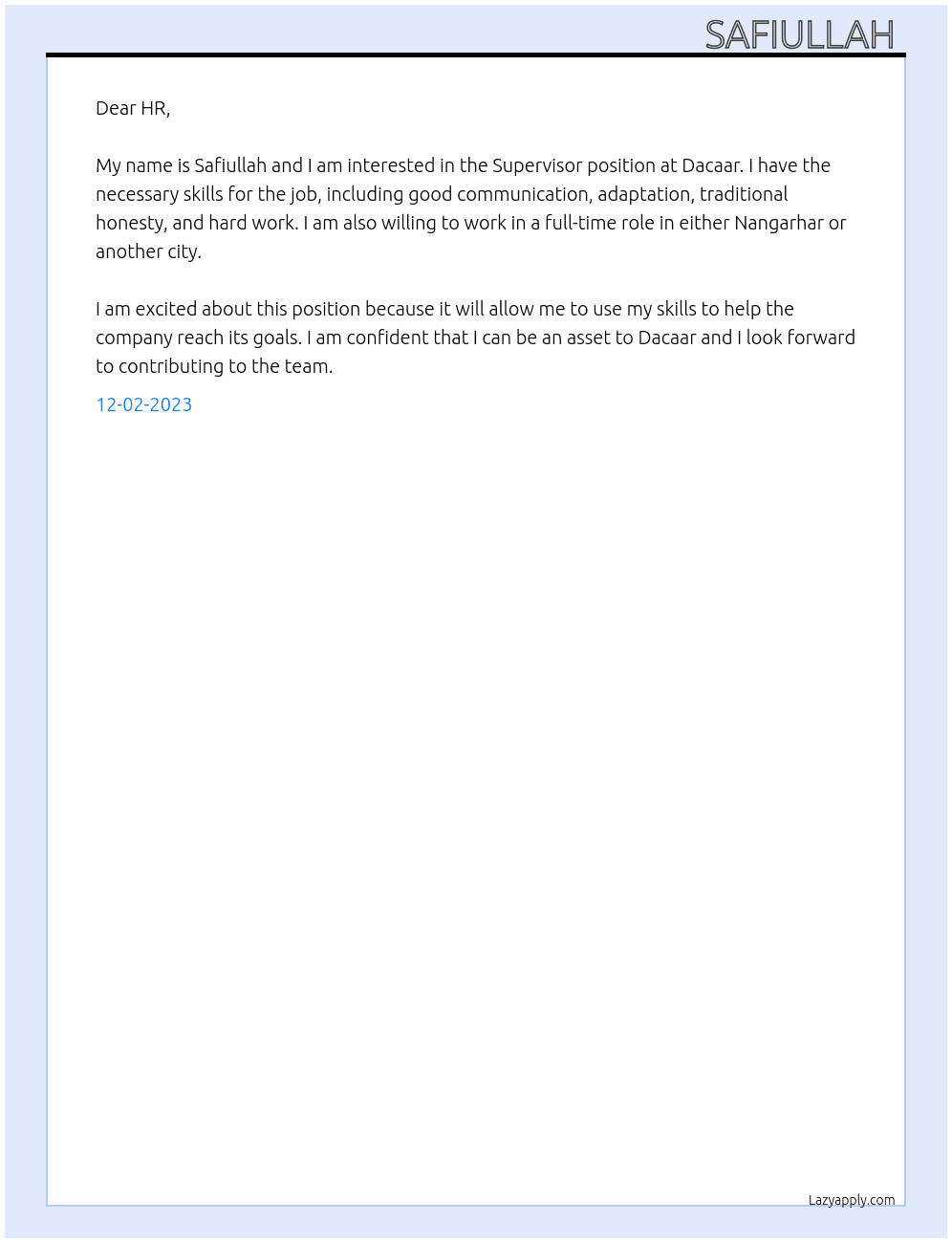 Supervisor At Dacaar Cover Letter
