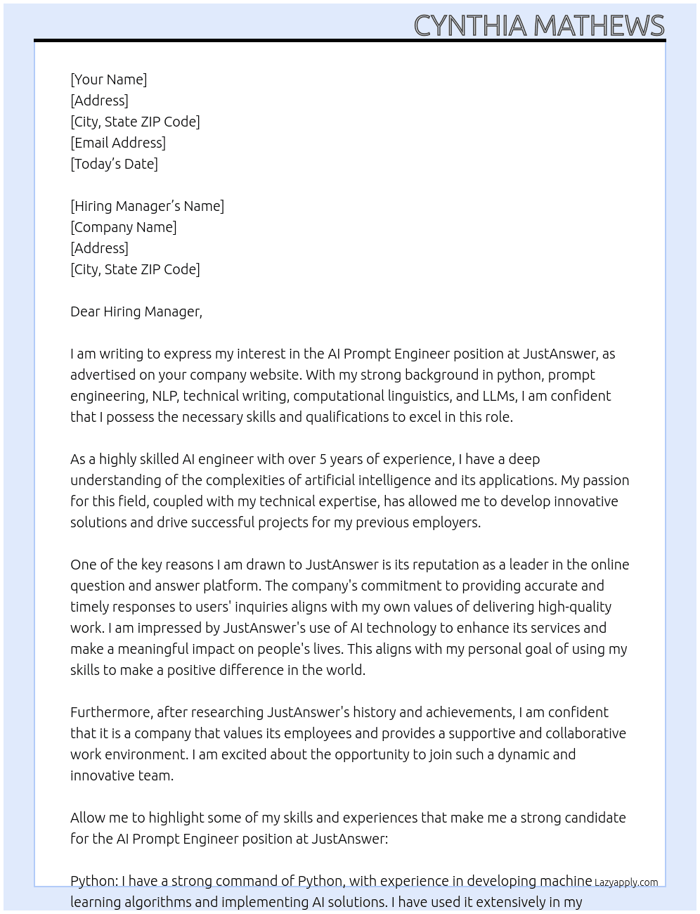 AI Prompt Engineer At JustAnswer Cover Letter