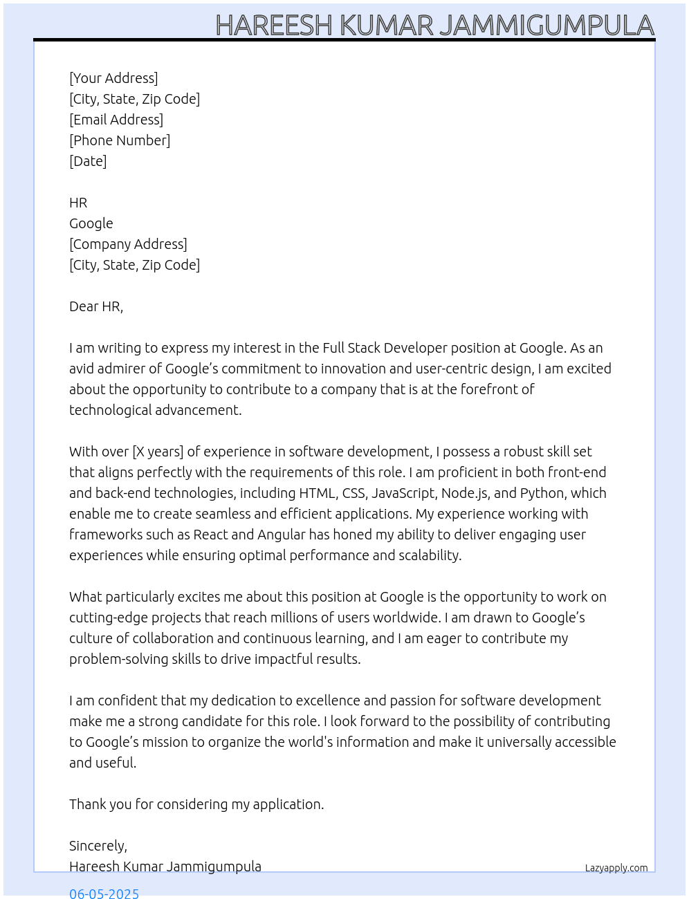 FULL STACK DEVELOPER At GOOGLE Cover Letter