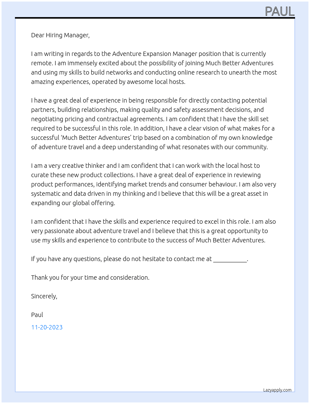 Adventure Expansion Manager (Remote) At much better adventures Cover Letter