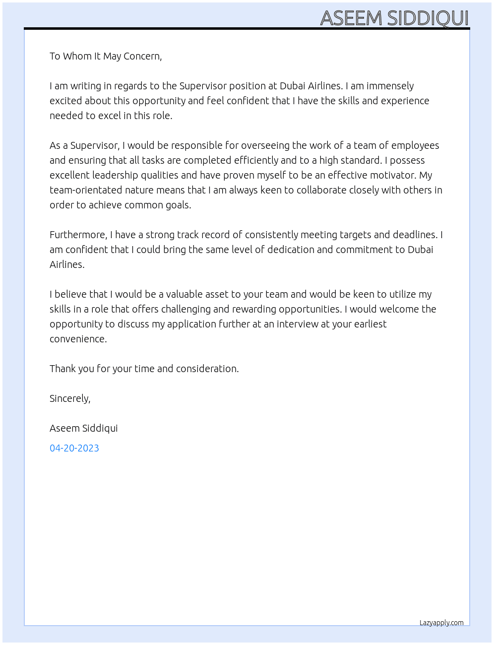 Supervisor  At Dubai airlines  Cover Letter