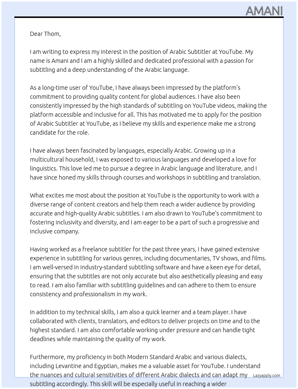 Arabic subtitler At youtube Cover Letter