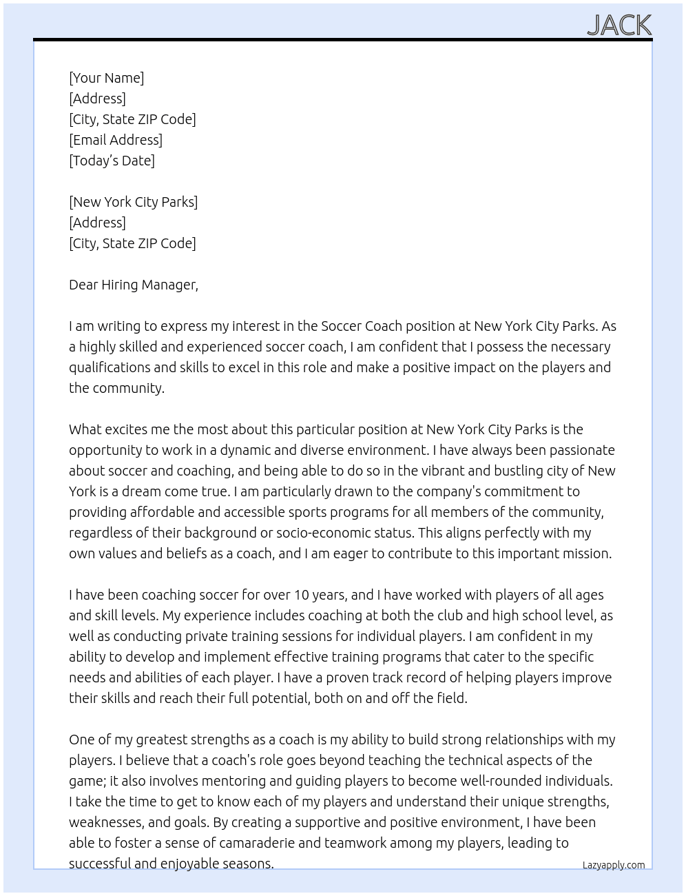 Soccer Coach At New York City Parks Cover Letter