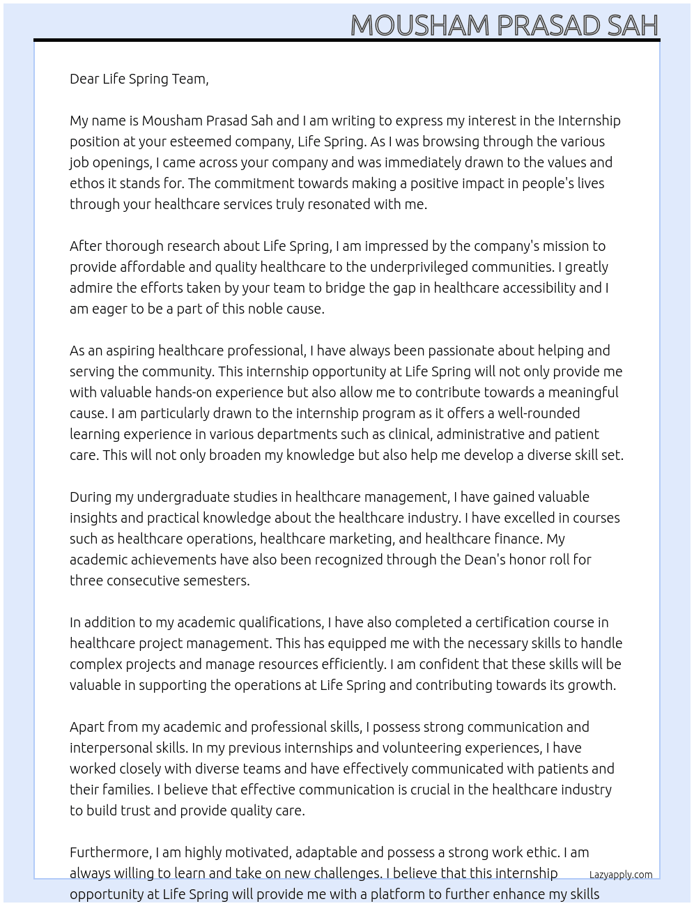 Internship At Life Spring Cover Letter