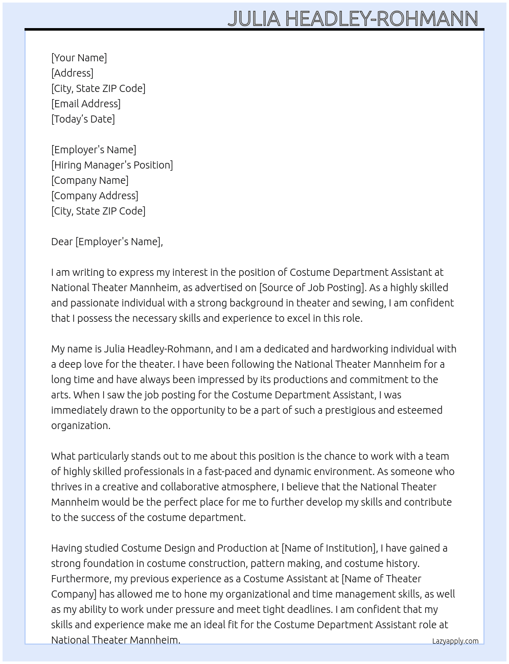 Costume Department Assistant  At National Theater Mannheim  Cover Letter