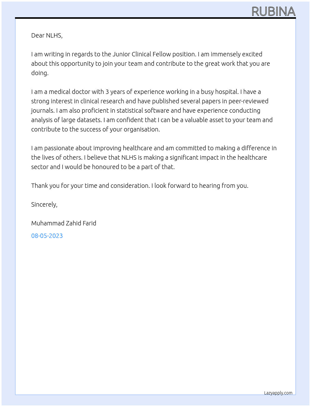 Junior Clinical Fellow  At NLHS Cover Letter