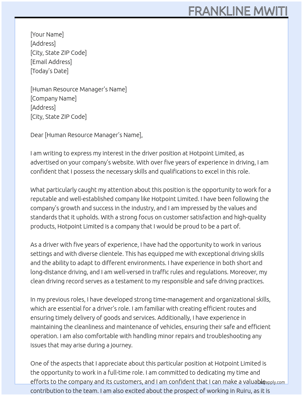 driver At Hotpoint limited Cover Letter