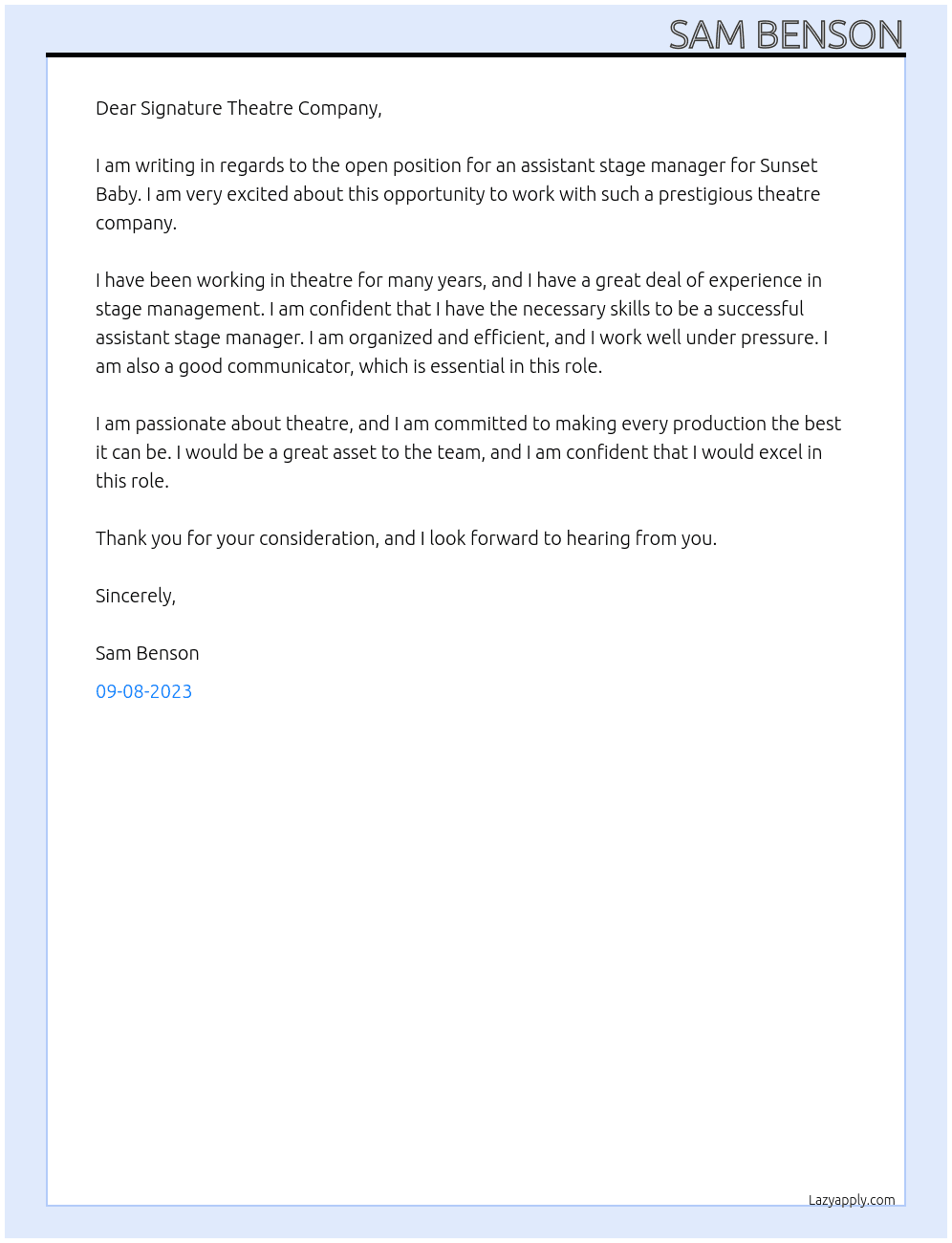 Assistant Stage Manager for Sunset Baby At Signature Theatre Company Cover Letter