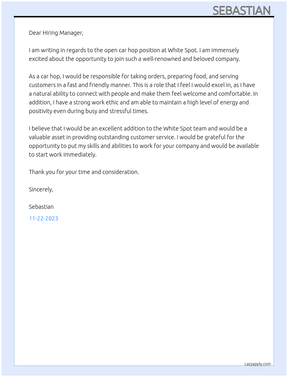 Car Hop At White Spot Cover Letter