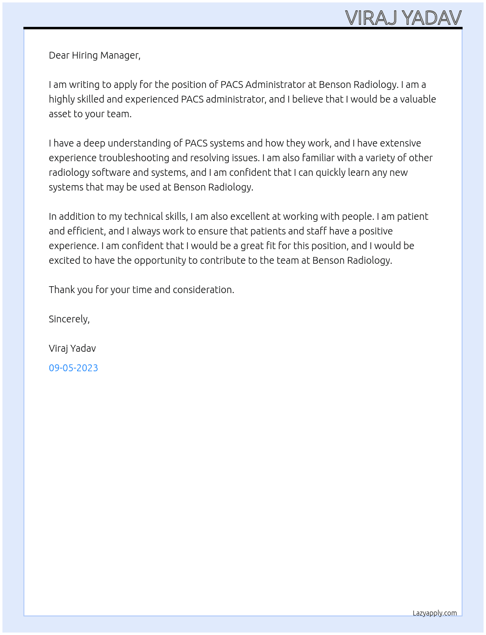 PACS Administrator At Benson Radiology Cover Letter