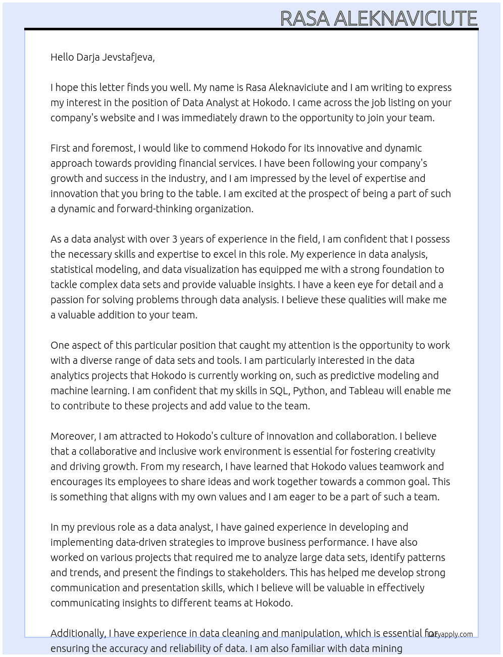 data analyst At Hokodo Cover Letter