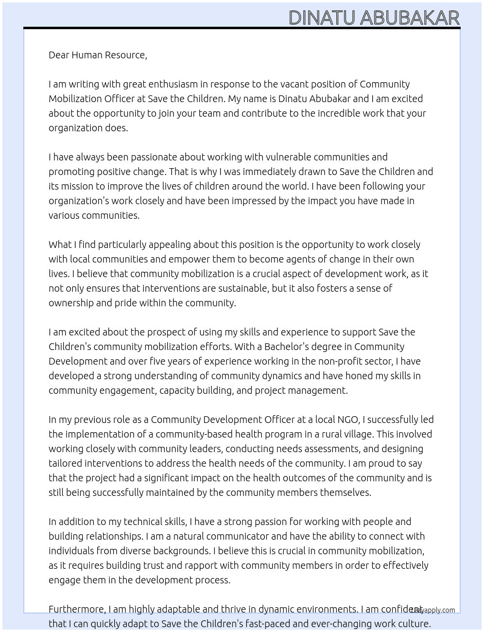 community mobilization officer At Save the Children Cover Letter