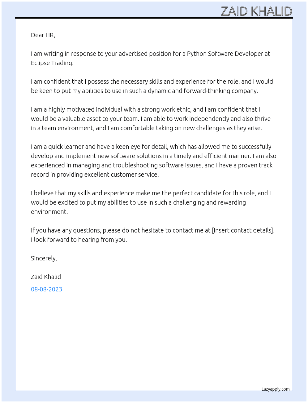 Python Software Developer At Eclipse Trading Cover Letter