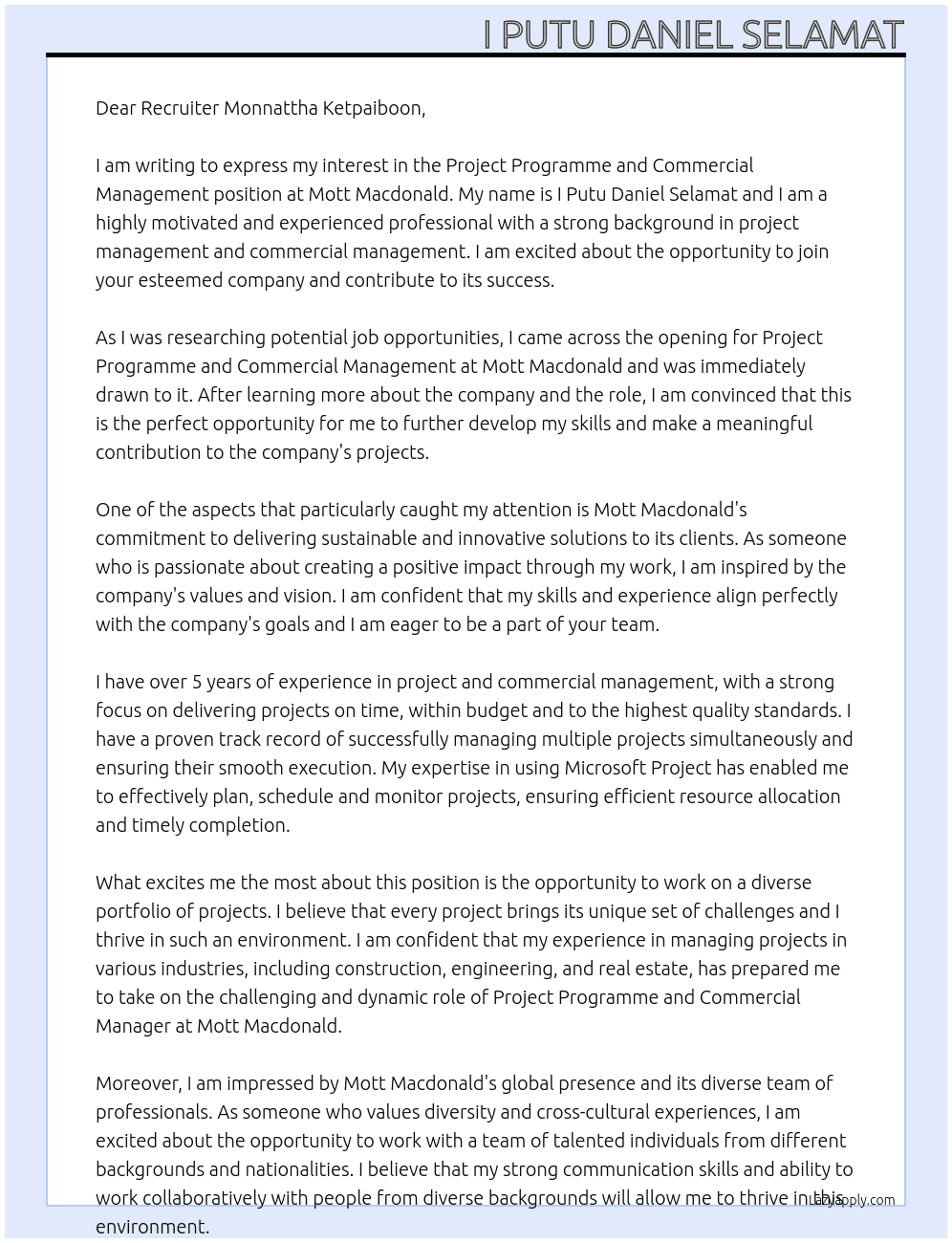 Cover letter for project programme and commercial management - LazyApply