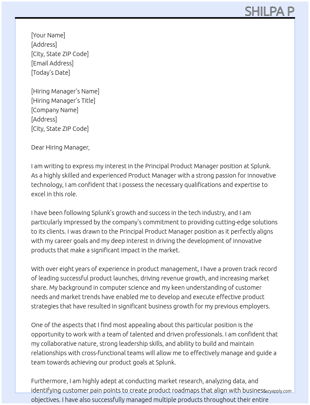 Principal Product manager At Splunk Cover Letter