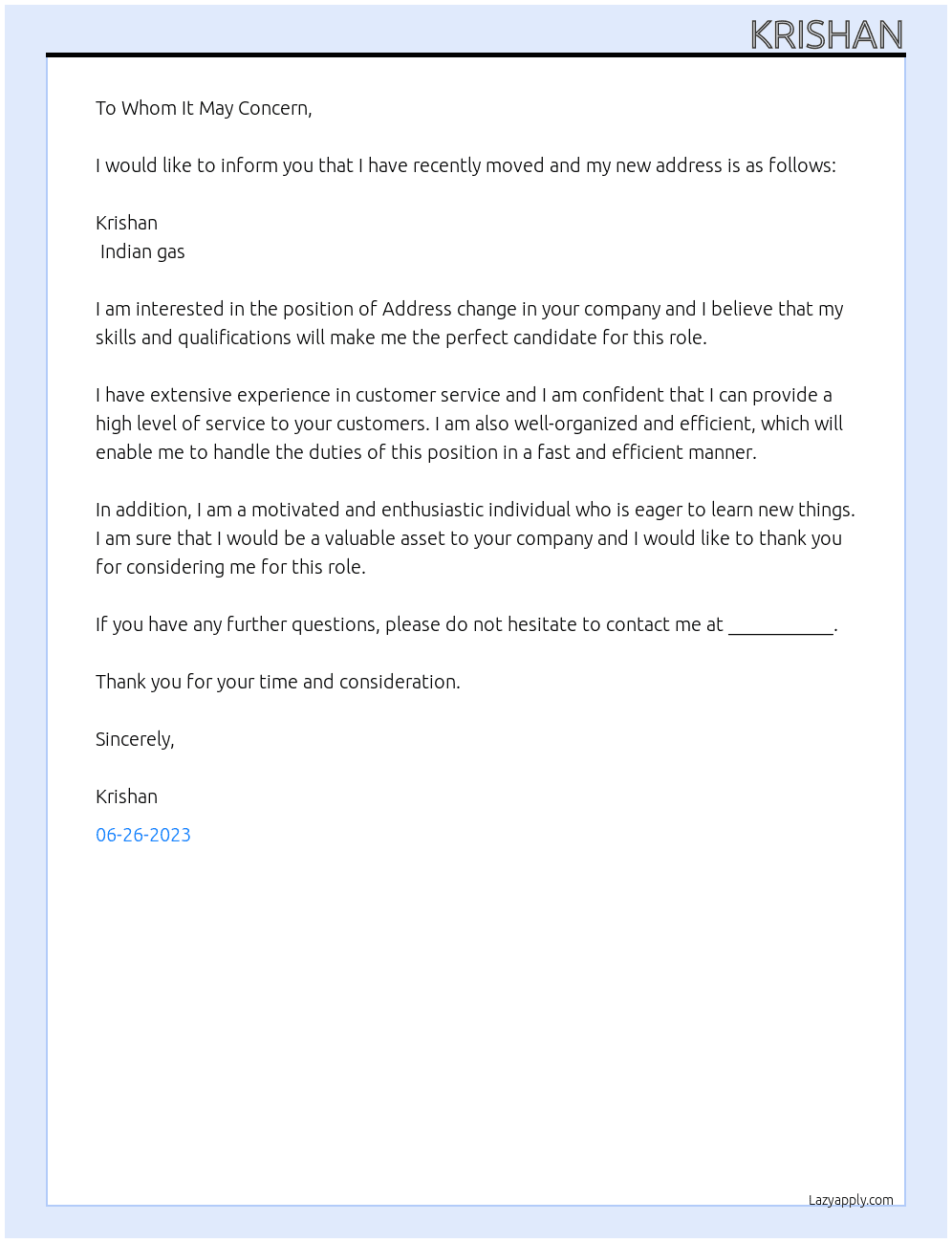 Address change At Indian gas Cover Letter