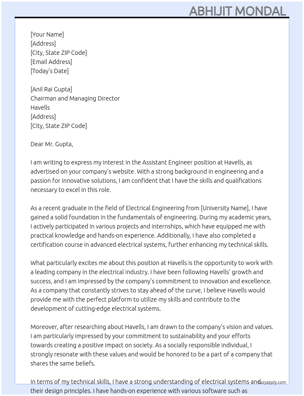 Assistant engineer  At Havells  Cover Letter