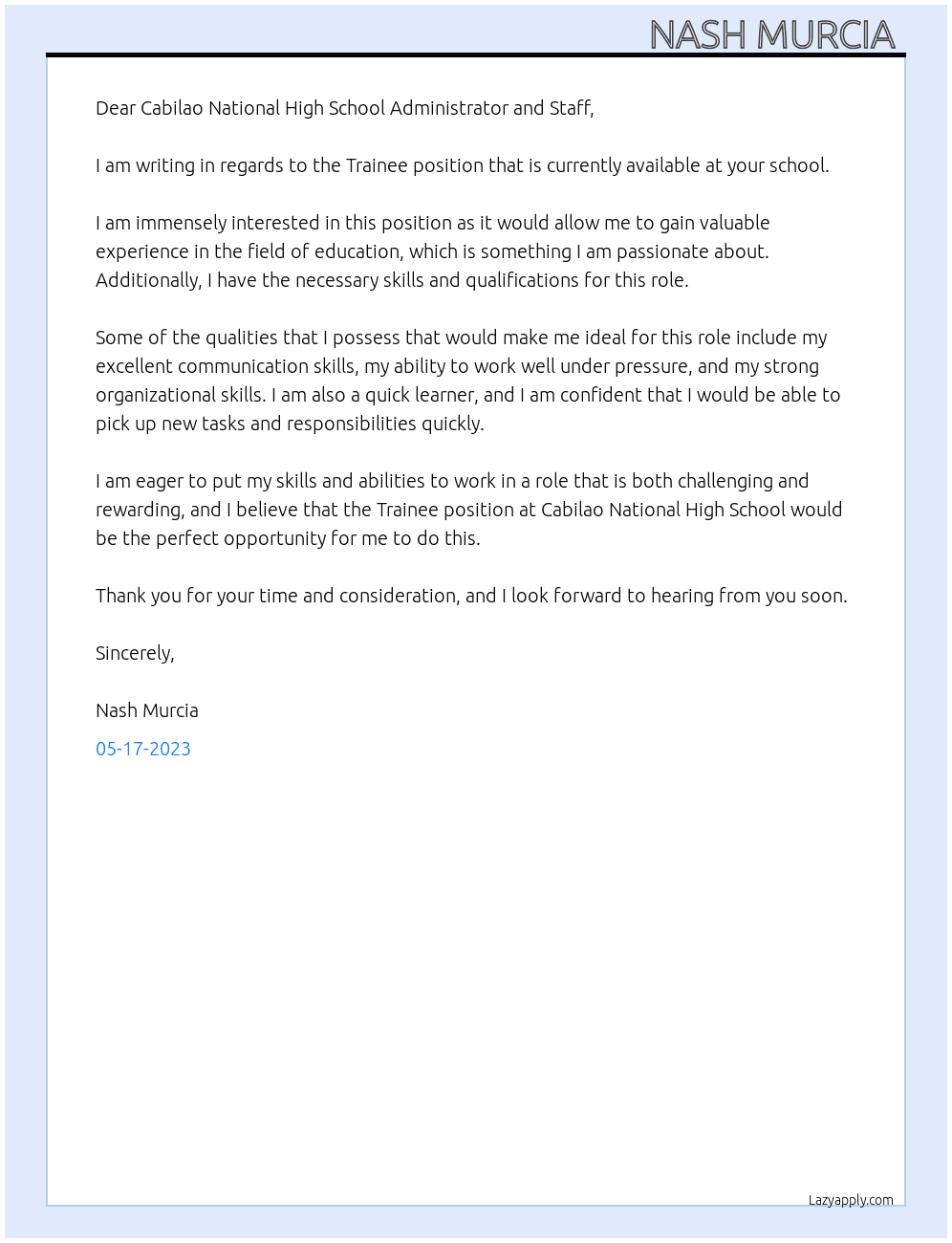 Trainee At Cabilao National High School  Cover Letter