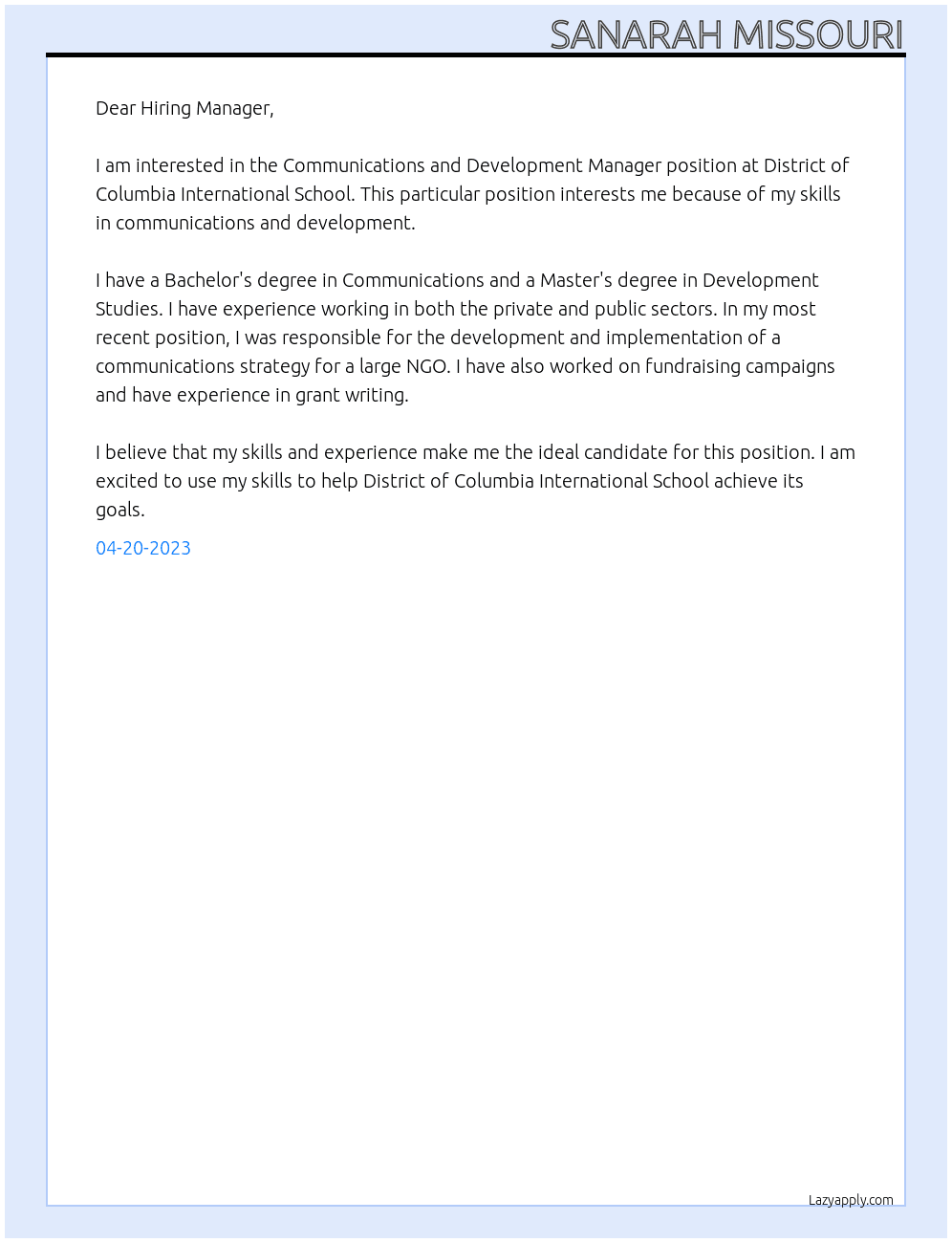 Communications and Development Manager At District of Columbia International School Cover Letter