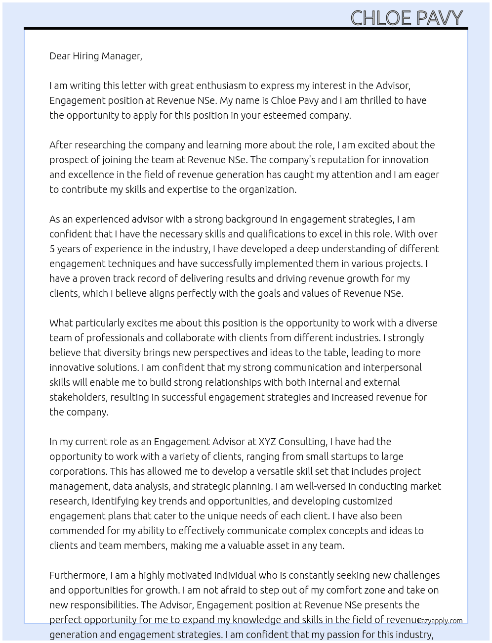 Advisor, Engagement At Revenue NSe Cover Letter