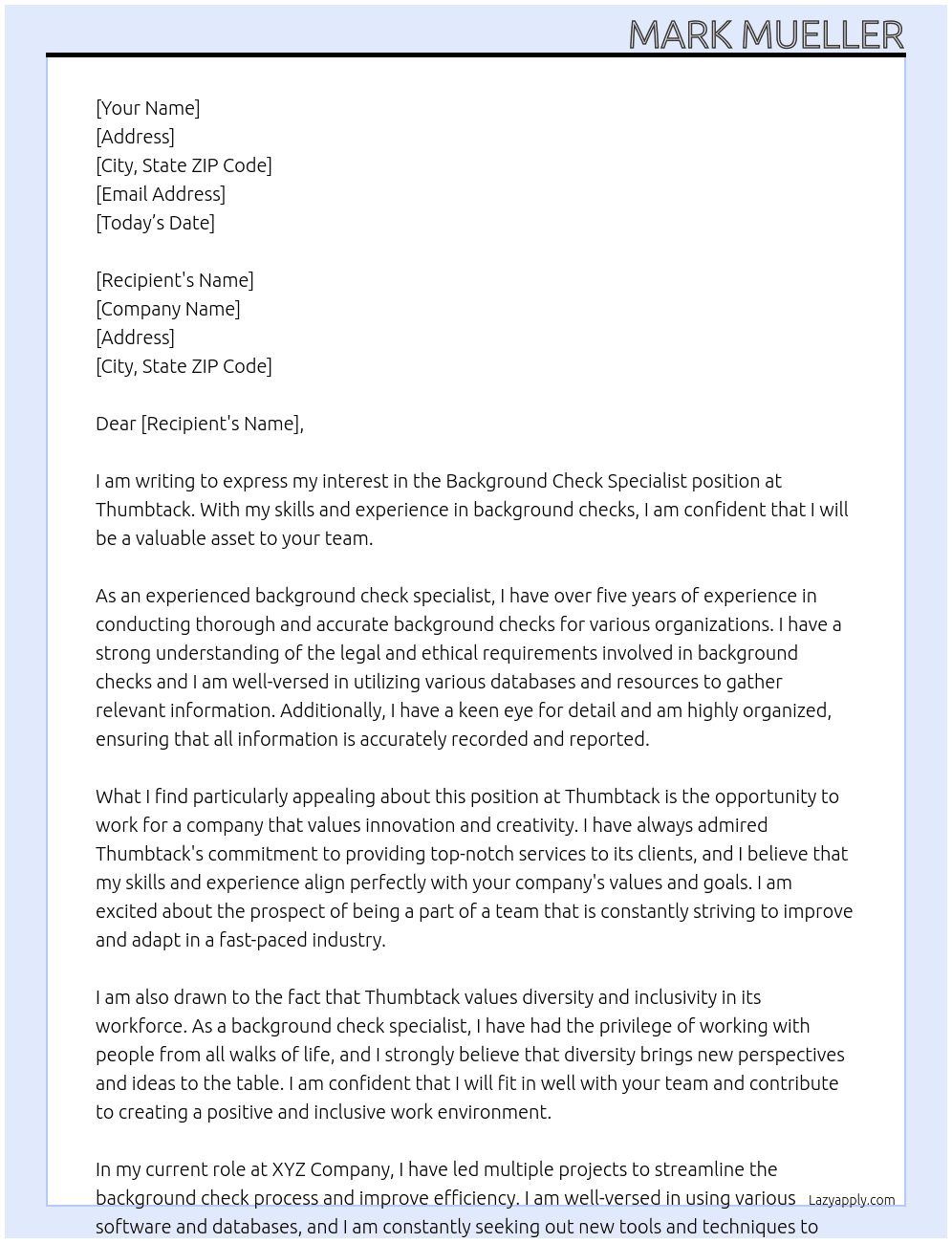 background check specialist At thumbtack Cover Letter