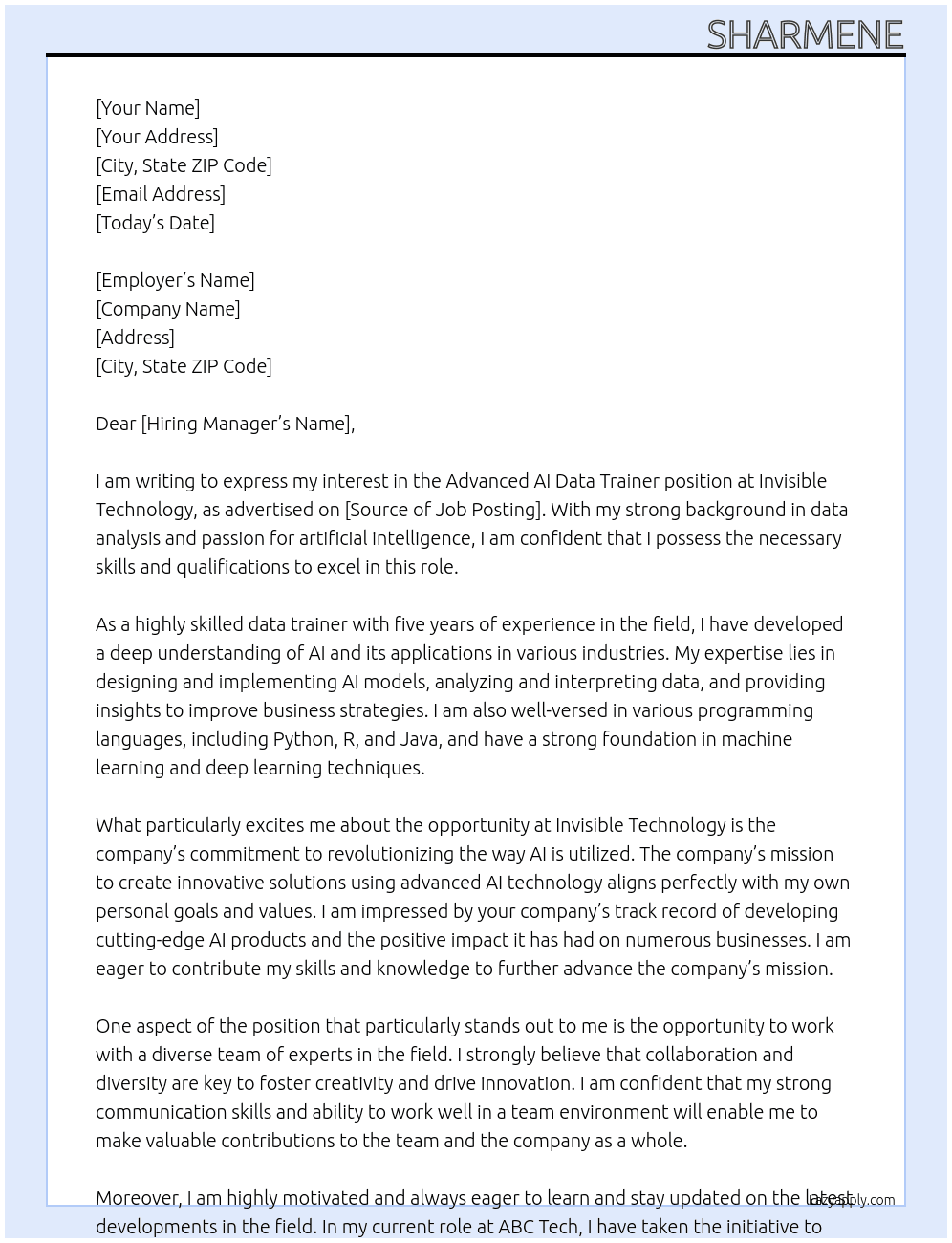 advanced AI data trainer  At invisible technology   Cover Letter