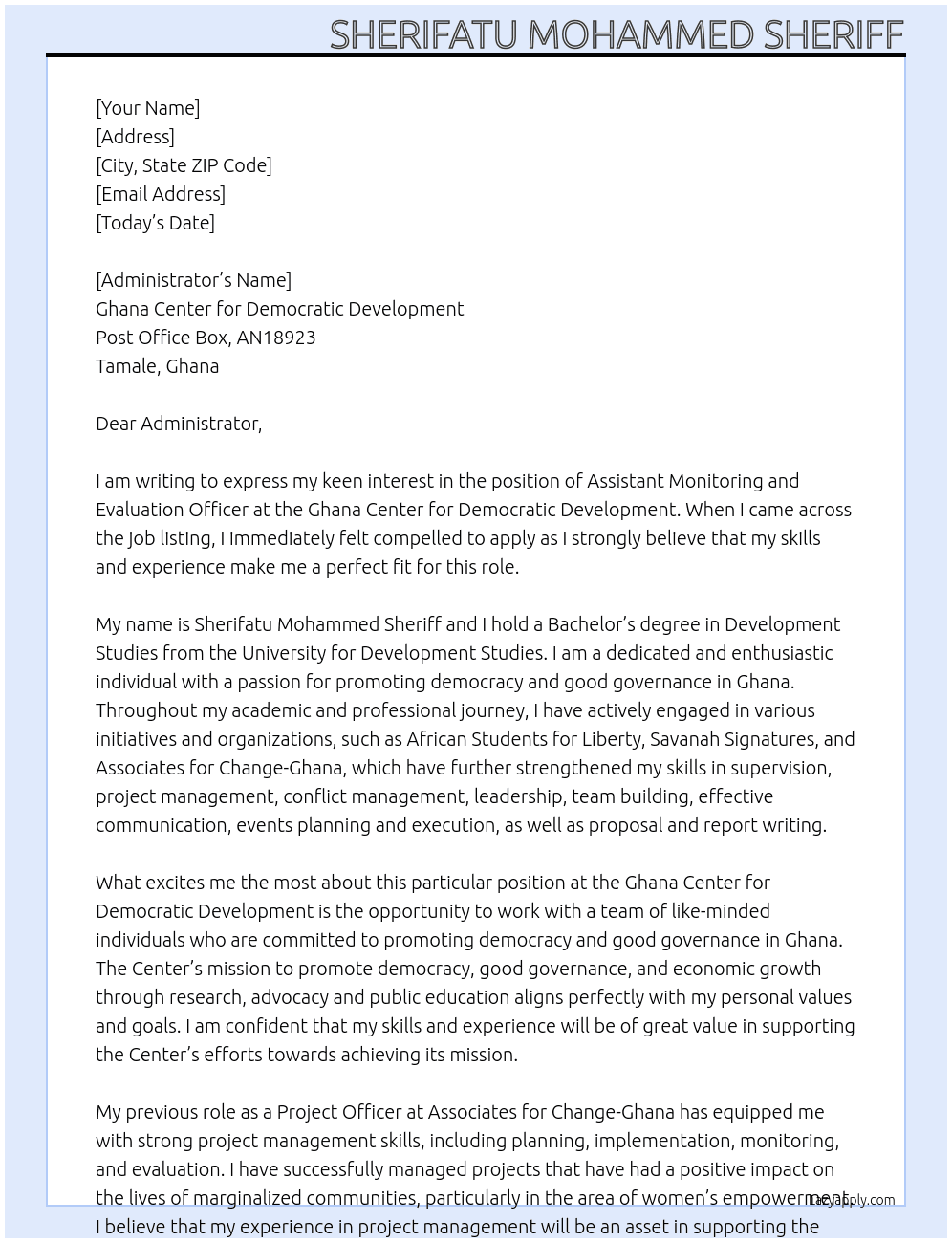 ASSISTANT MONITORING AND EVALUATION OFFICER  At Ghana Center for Democratic Development  Cover Letter