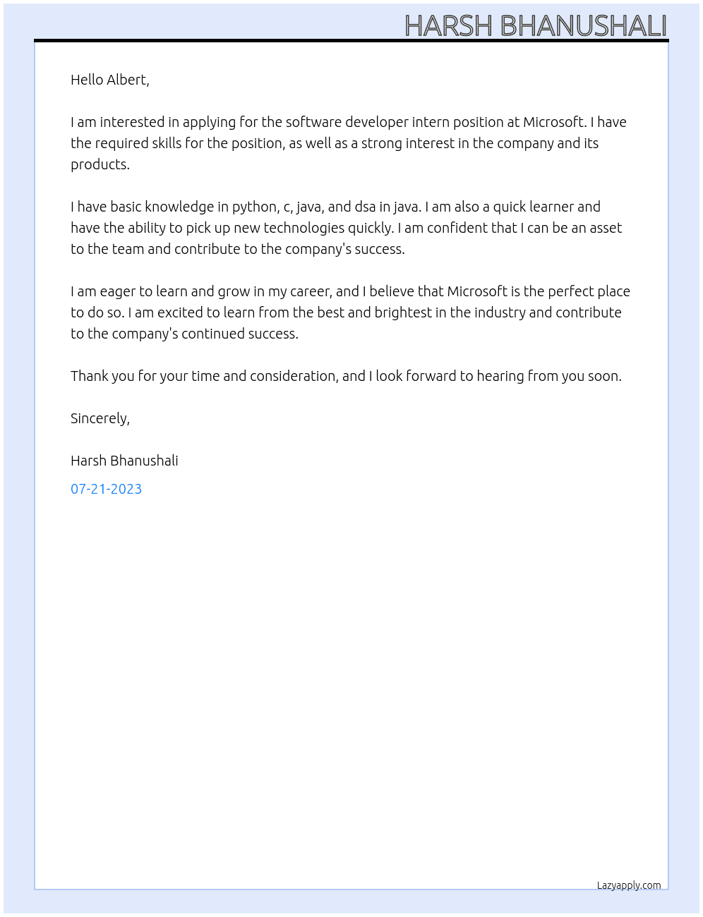 software developer intern At microsoft Cover Letter