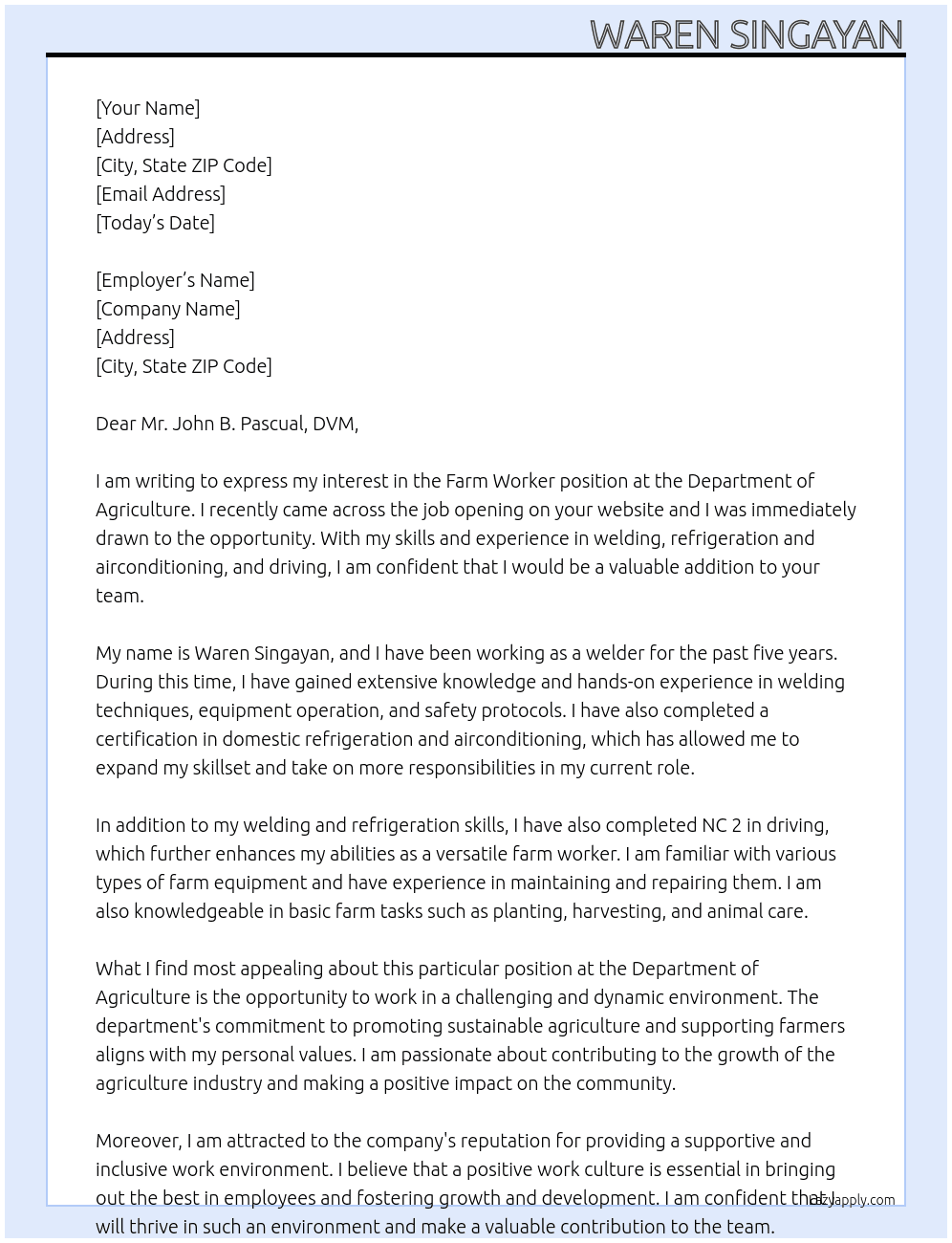 farm worker At department of agriculture Cover Letter