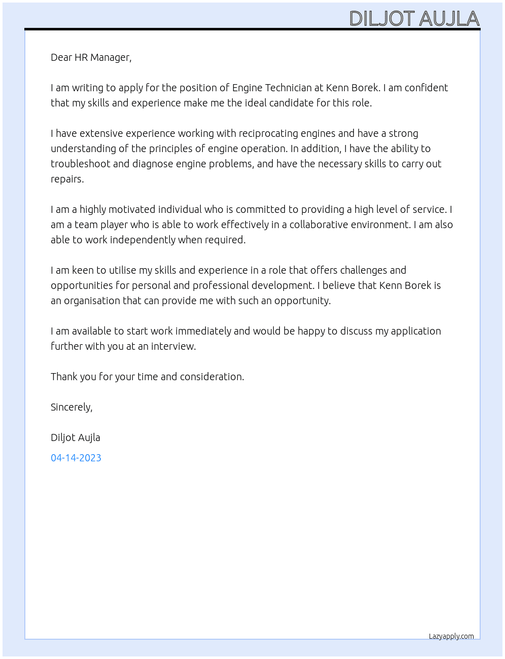 Engine Technician  At Kenn Borek Cover Letter