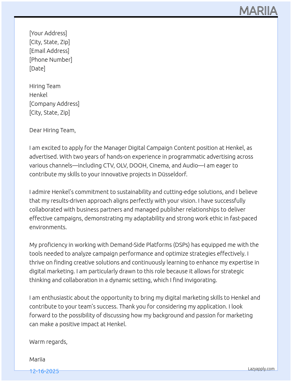 Manager Digital Campaign Content At Henkel Cover Letter