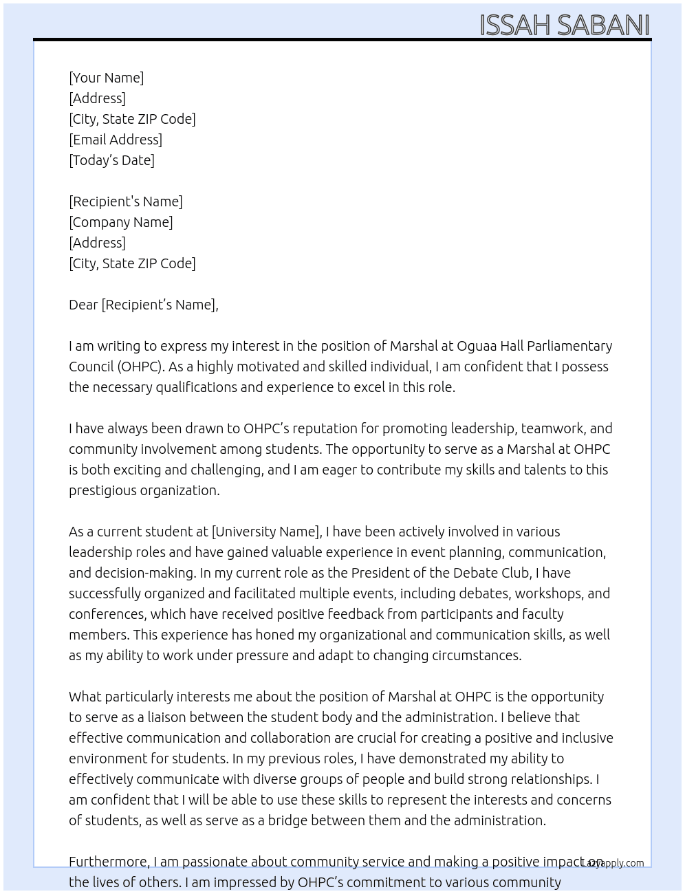 Marshal At ohpc Cover Letter
