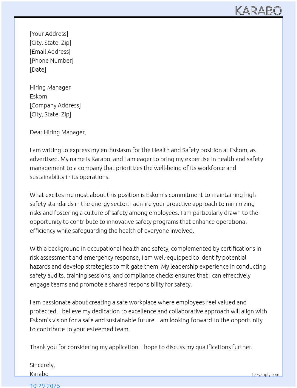 Health and safety  At Eskom Cover Letter