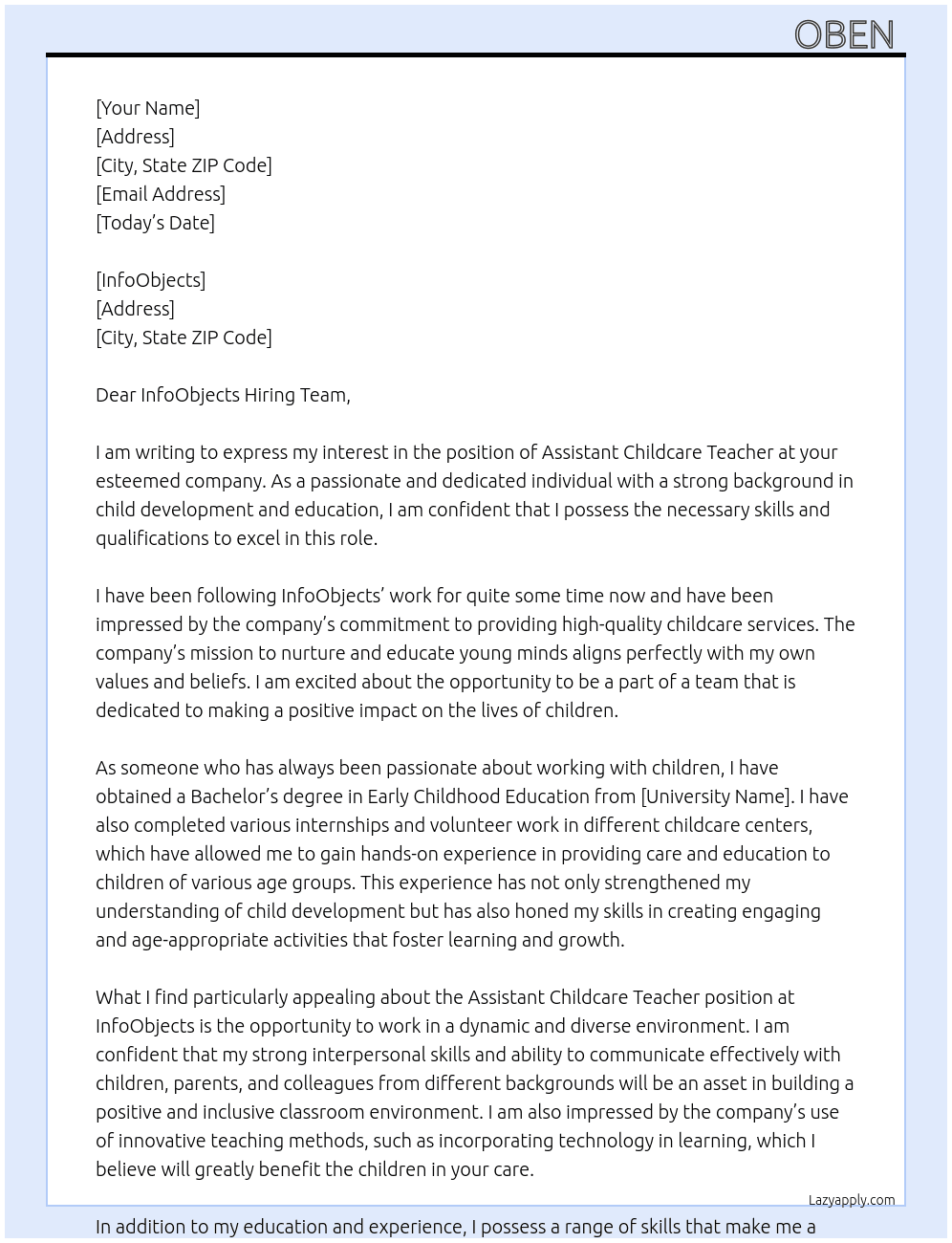 Assistant Childcare Teacher  At InfoObjects Cover Letter