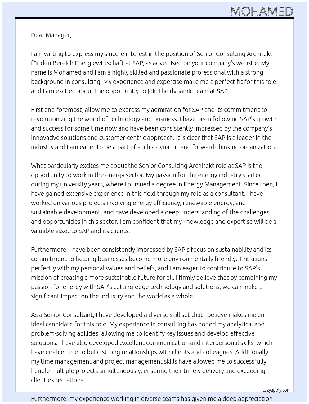 Architekt  für den Bereich Energiewirtschaft At SAP Cover Letter
